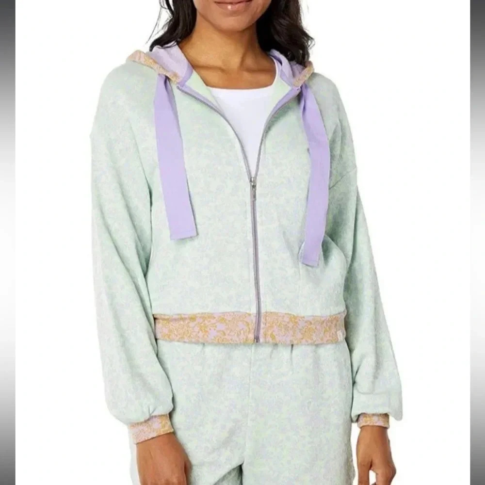 Roller Rabbit Ismay Blair Floral Zip Up Hoodie Mint Green & Purple Size Medium